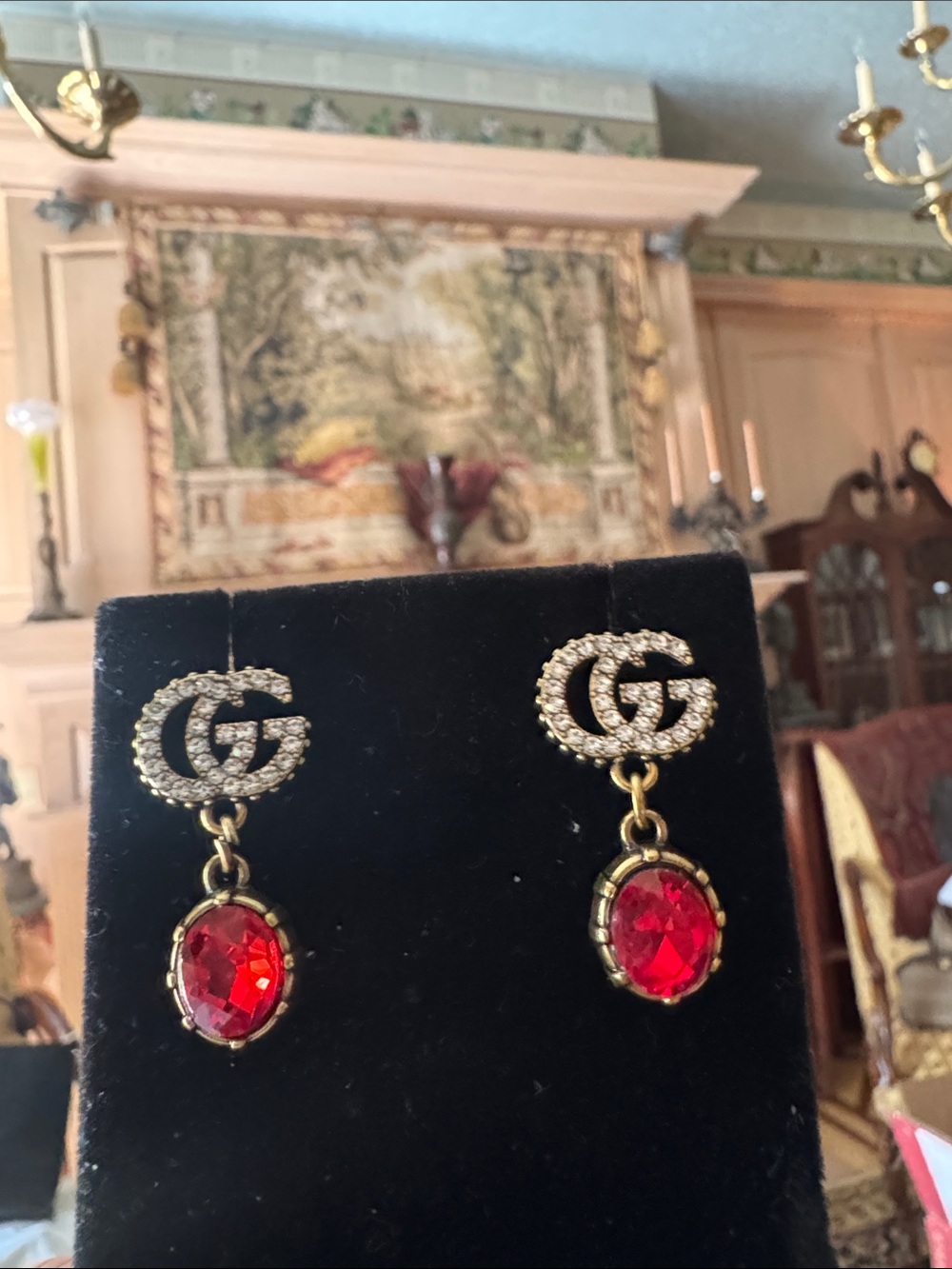 Earrings Gold-Tone Crystal GG Drop Earrings with Red crystal